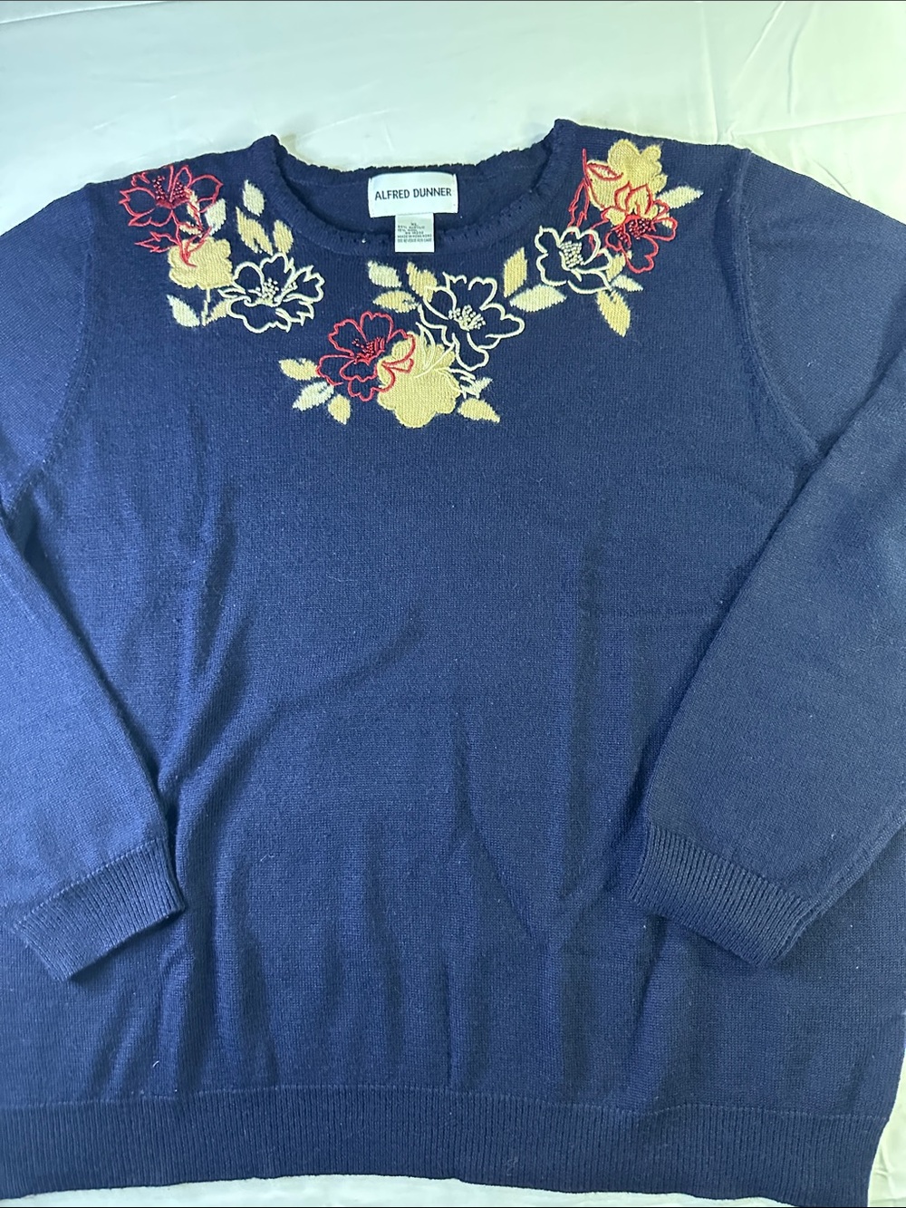 Alfred Dunner Navy Crewneck Sweater with Yellow & Red Floral Embroidery